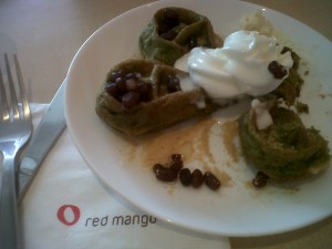 Green tea waffle with red beans and yoghurt